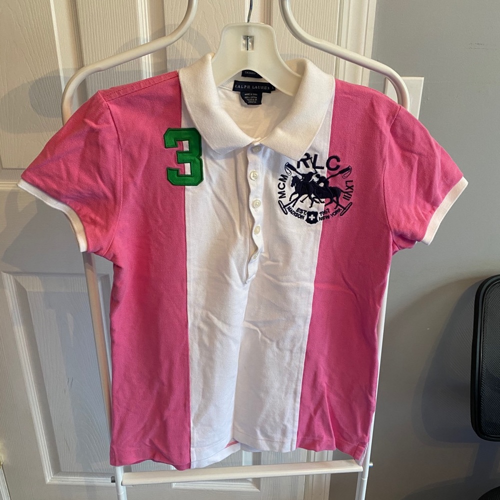 RALPH LAUREN Polo T-shirt Sz L white/pink .